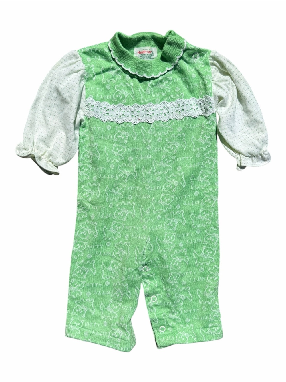 Health-Tex Vintage Baby Girl Romper 9M Green Kitty Cat Lace Puff Sleeve USA